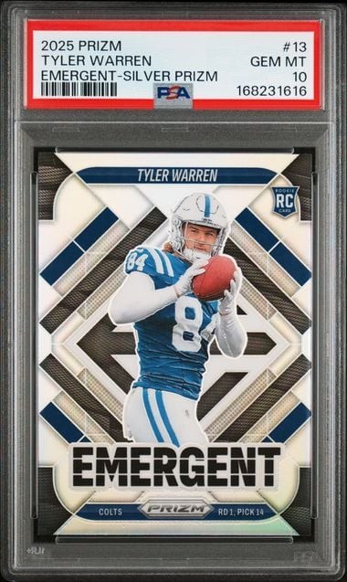Graded 2025 Panini Prizm Tyler Warren #13 Emergent Silver Prizm RC PSA 10
