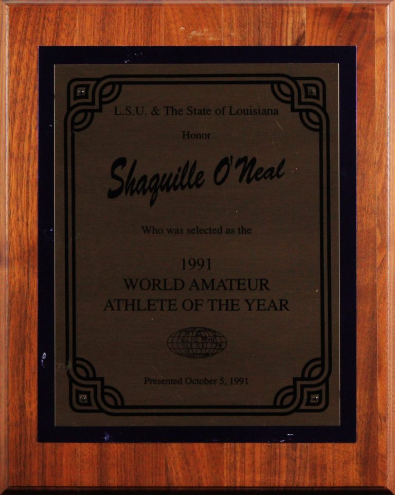 Shaquille O'Neal 1991 LSU World Amateur Athlete of the Year Plaque Un-signed