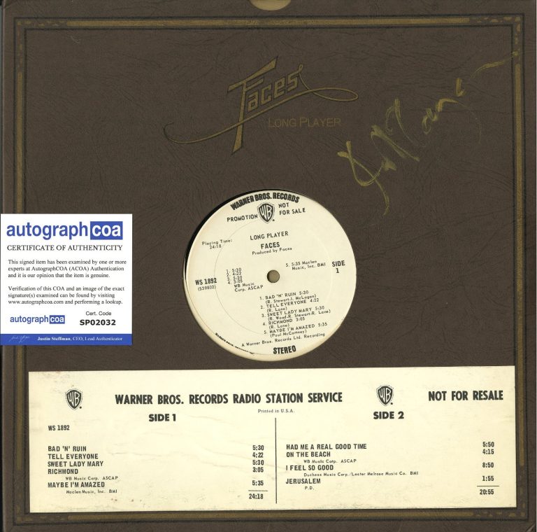 The Faces Long Player SIGNED Ian MacLagan ACOA Warner Brother White Label Promo
