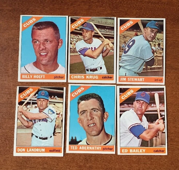 (6) 1966 Topps Baseball CUBS HOEFT STEWART KRUG BAILEY LANDRUM NO BUTTON