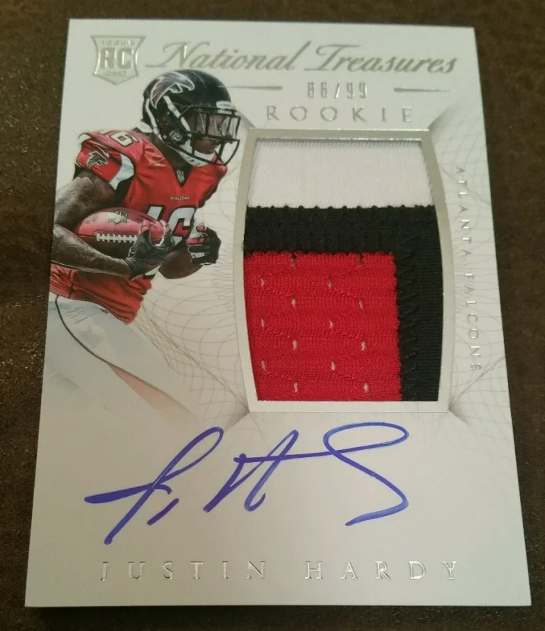 2015 NATIONAL TREASURES JUSTIN HARDY 3CLR RC PATCH AUTO #/99.
