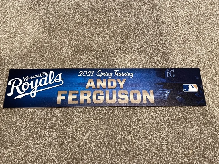 KANSAS CITY ROYALS GAME USED ? TEAM ISSUED BASEBALL NAMEPLATE 2021 ANDY FERGUSON