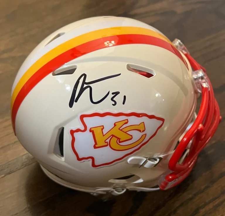 R MASON THOMAS SIGNED FOOTBALL MINI HELMET AUTO KANSAS CITY CHIEFS RETRO
