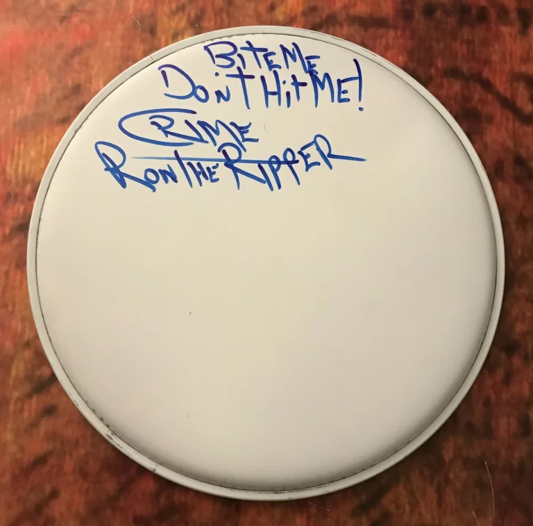 GFA Crime Band RON THE RIPPER GRECO Signed Autograph Drumhead AD2 COA