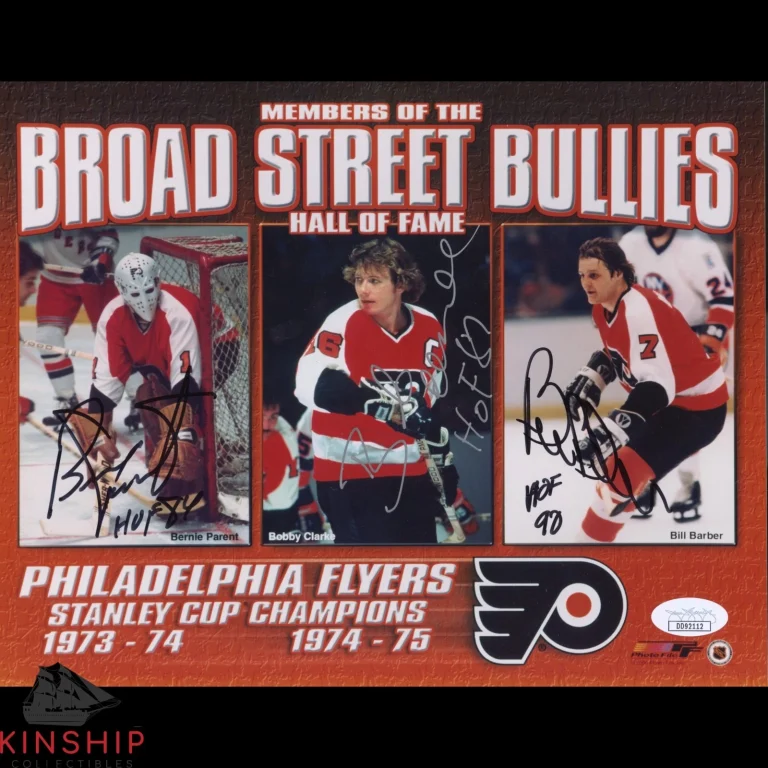 Bob Clarke Bernie Parent Bill Barber signed 8x10 Photo JSA COA Flyers HOF B430