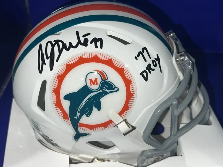 A.J. DUHE MIAMI DOLPHINS 77 ROY BECKETT AUTHENTICATED SIGNED 70'S TB MINI HELMET