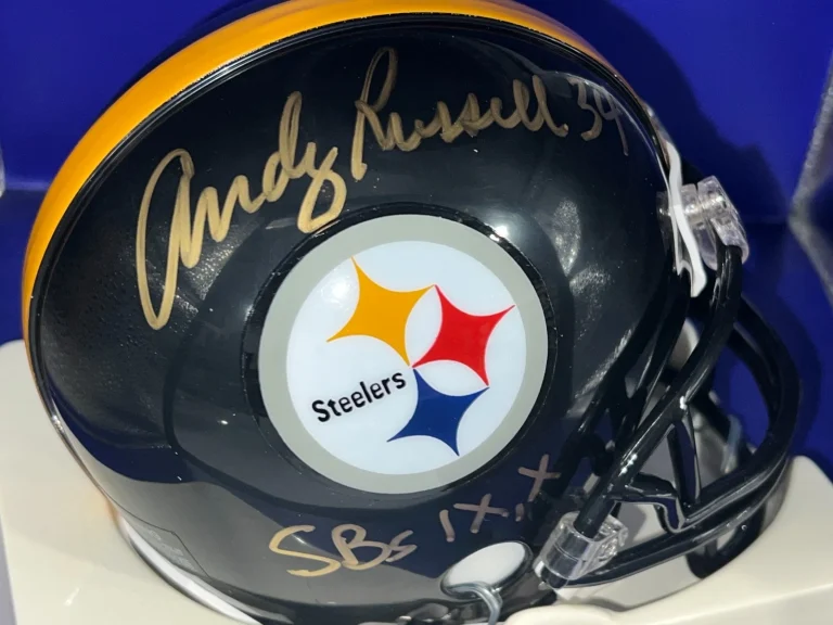 ANDY RUSSELL PITTSBURGH STEELERS SB IX , X CHAMPS SIGNED VSR4 MINI HELMET