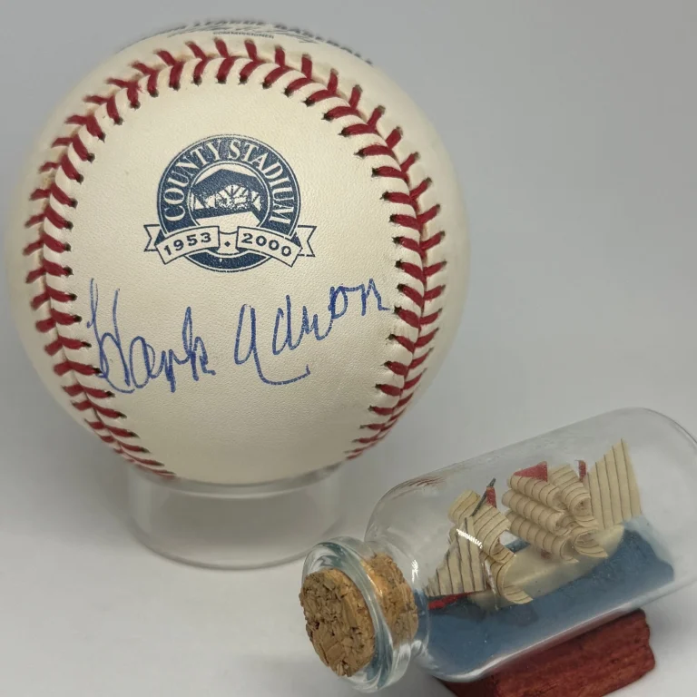 Hank Aaron signed County Stadium Logo Baseball JSA LOA Brewers HOF Auto A4692