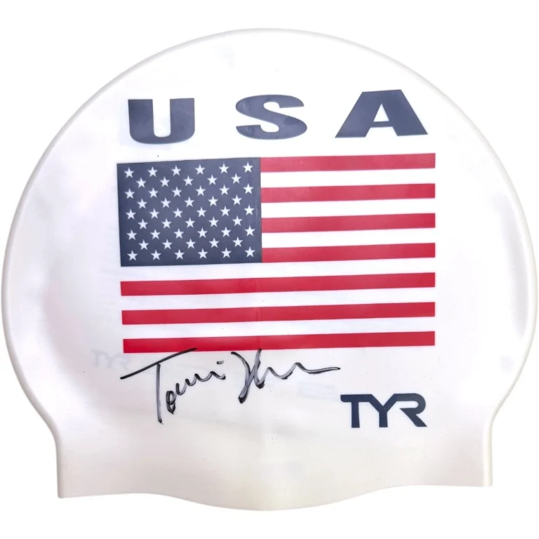 TORRI HUSKE SIGNED AUTOGRAPHED USA SWIM CAP TYR OLYMPICS GOLD SWIMMING JSA COA