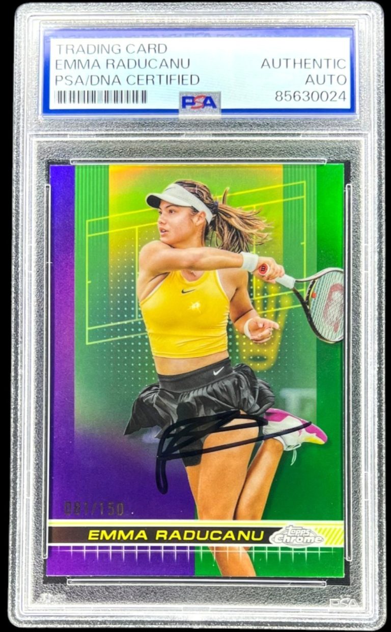 EMMA RADUCANU SIGNED 2024 TOPPS CHROME #198 PURPLE GREEN REFRACTOR /150 AUTO PSA