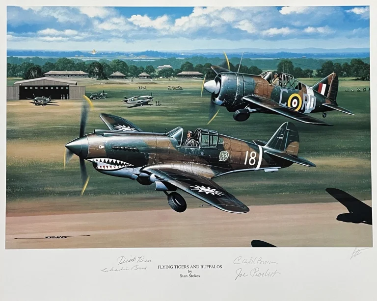 AVG Flying Tigers Signed Buffalos Print Stan Stokes AVG x4 Autos Bond Rossi