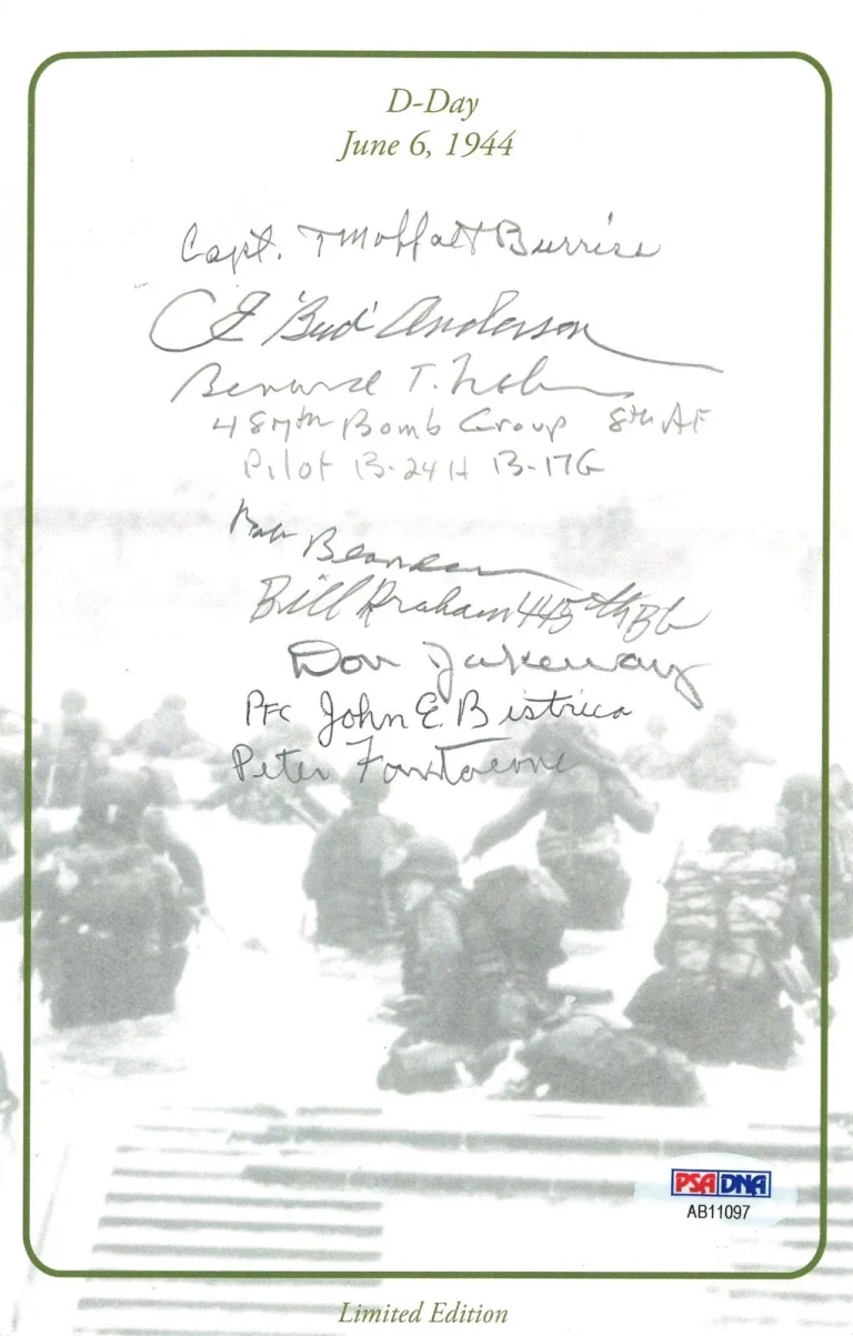 D-Day Veterans Multi Signed Bookplate PSA DNA LOA 8 WWII Veteran Autos