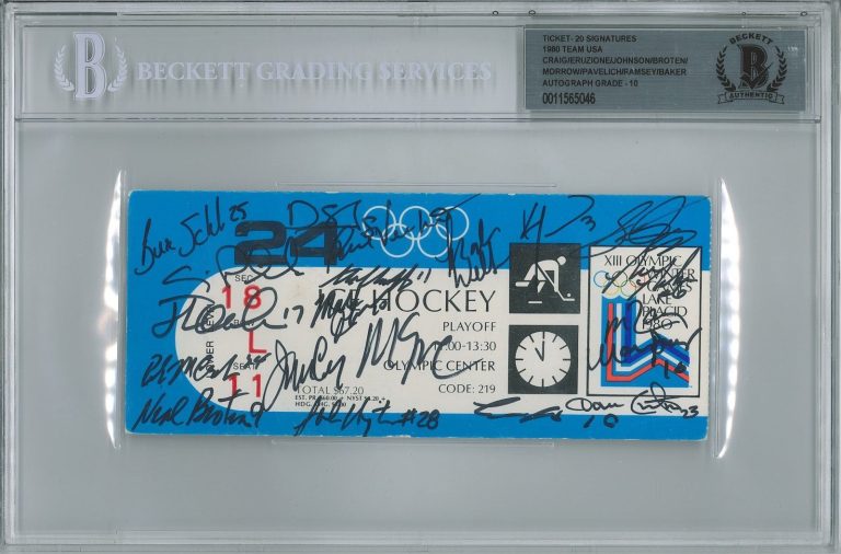 1980 USA OLYMPIC HOCKEY TEAM SIGNED GOLD MEDAL TICKET BAS 20 AUTOS GEM MINT 10
