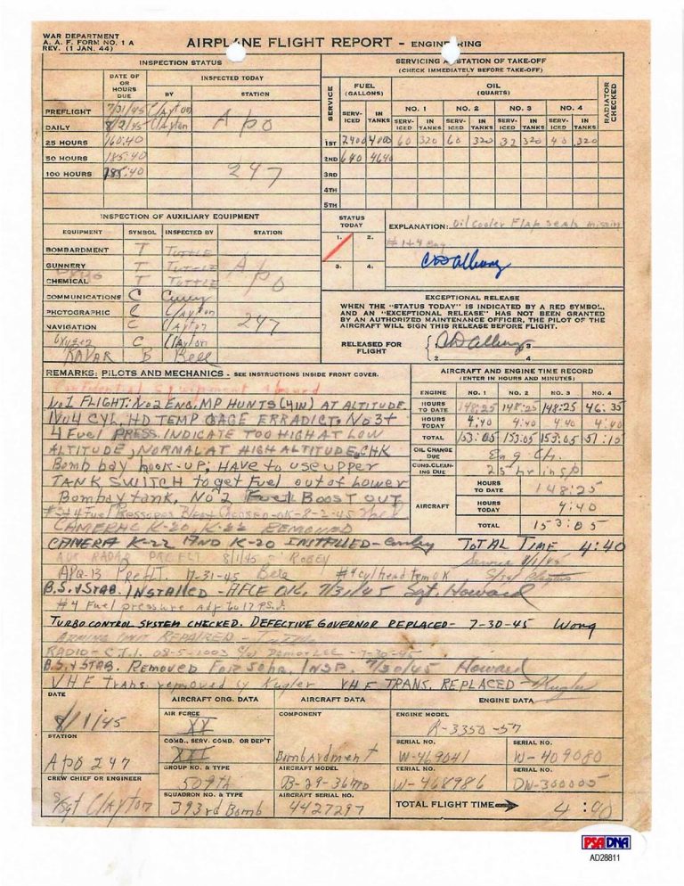 CD ALBURY SIGNED FLIGHT RECORD DOCUMENT PSA DNA AD28811 BOCKSCAR NAGASAKI 8/9/45