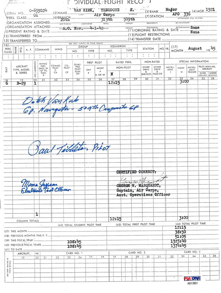 DUTCH VAN KIRK SIGNED FLIGHT RECORD DOCUMENT PSA DNA AB13901 TIBBETS JEPPSON