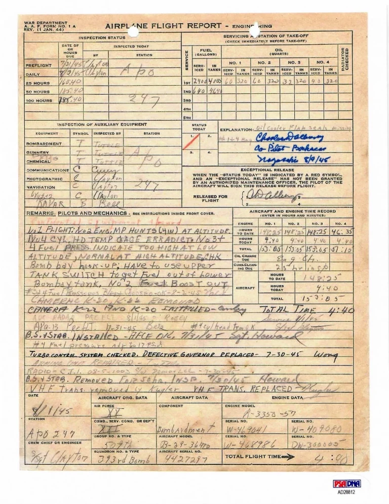 CD ALBURY SIGNED FLIGHT RECORD DOCUMENT PSA DNA AD28812 BOCKSCAR NAGASAKI 8/9/45