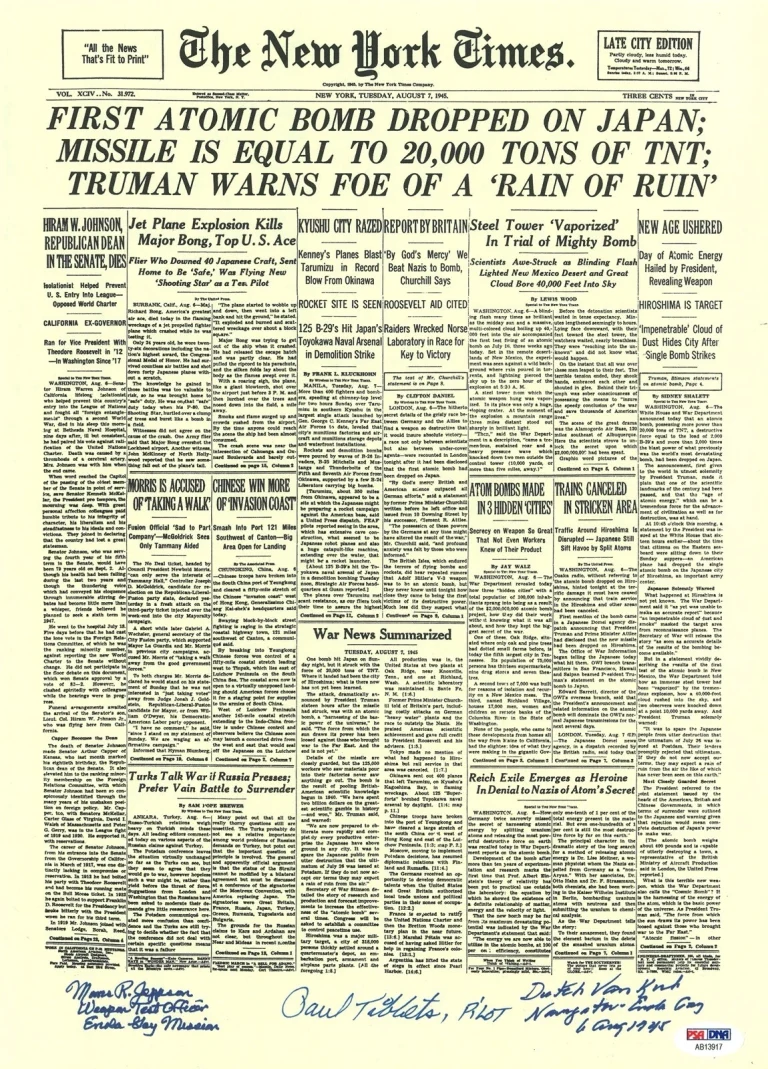 ENOLA GAY CREW SIGNED NEW YORK TIMES FRONT PAGE PRINT PSA DNA AB13917 (D) X3