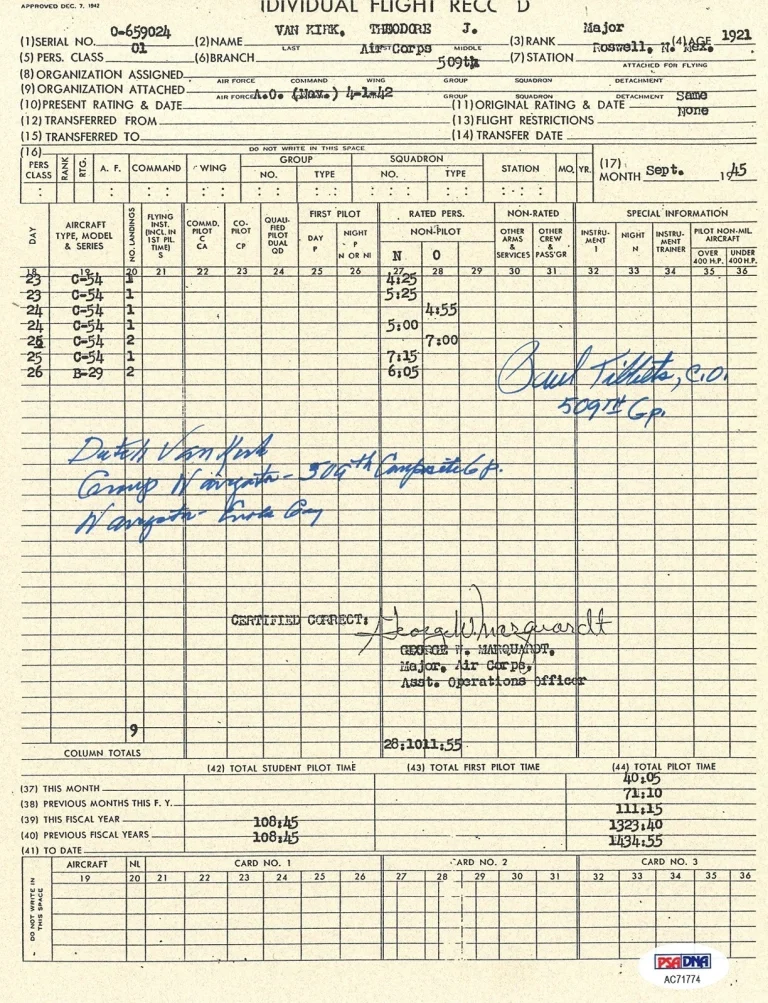 DUTCH VAN KIRK SIGNED FLIGHT RECORD DOCUMENT PSA DNA AC71774 TIBBETS ENOLA GAY