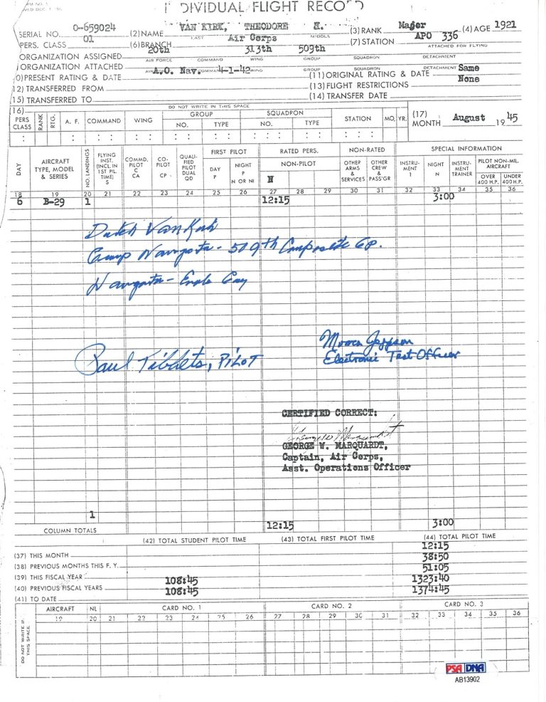 DUTCH VAN KIRK SIGNED FLIGHT RECORD DOCUMENT PSA DNA AB13902 TIBBETS JEPPSON
