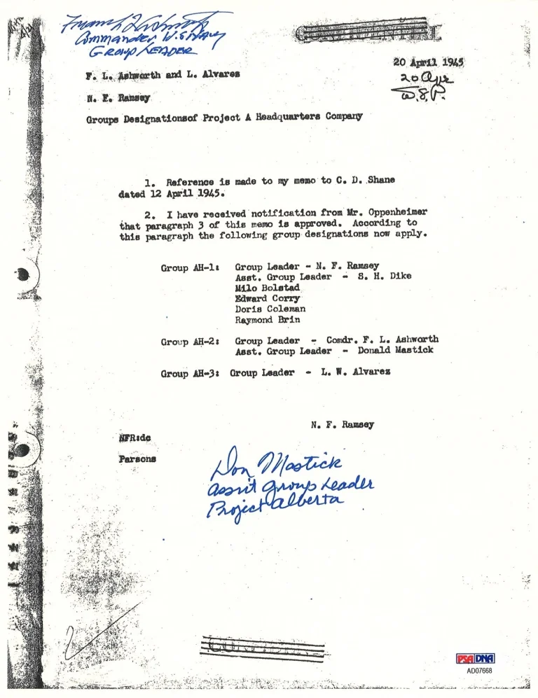 FREDERICK ASHWORTH / DON MASTICK SIGNED PROJECT ALBERTA DOCUMENT PSA DNA AD07668