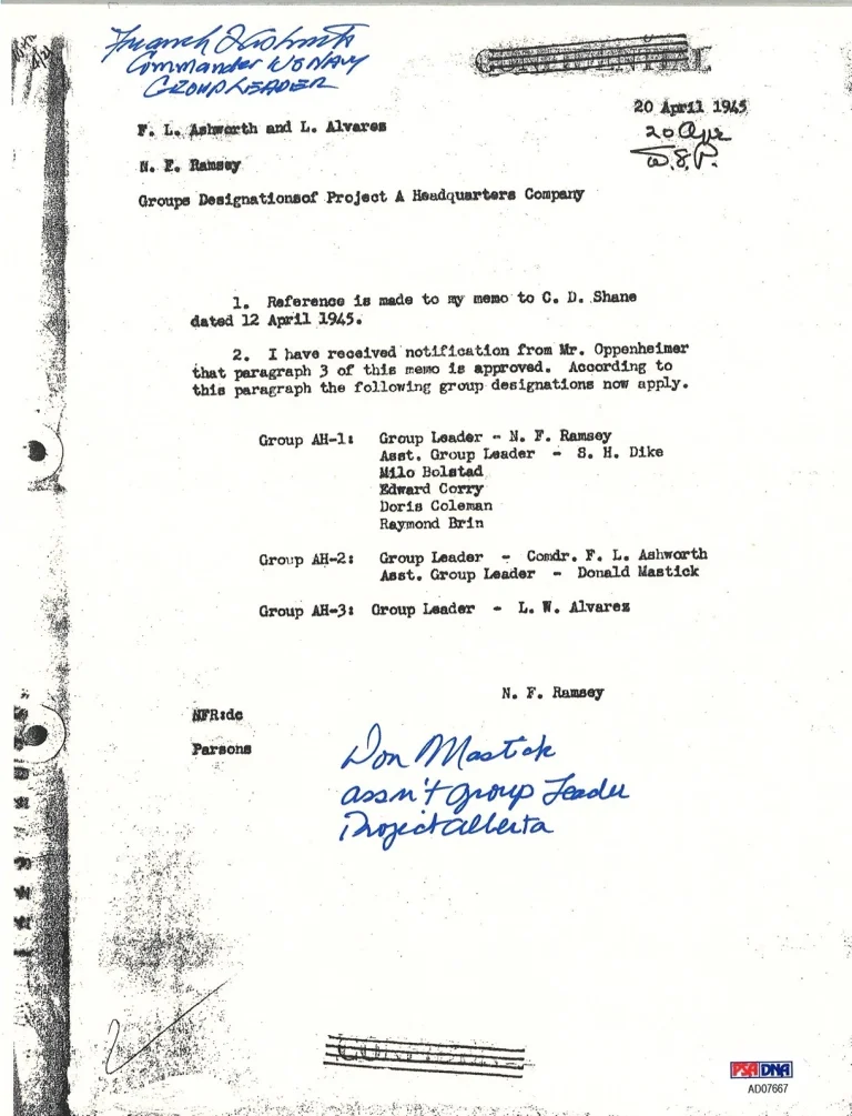 FREDERICK ASHWORTH / DON MASTICK SIGNED PROJECT ALBERTA DOCUMENT PSA DNA AD07667