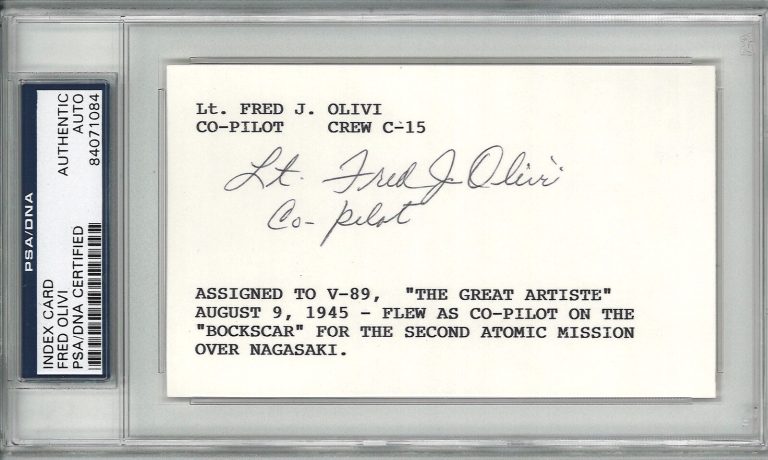 FRED OLIVI SIGNED INDEX CARD PSA DNA 84071084 (D) WWII BOCKSCAR GREAT ARTISTE