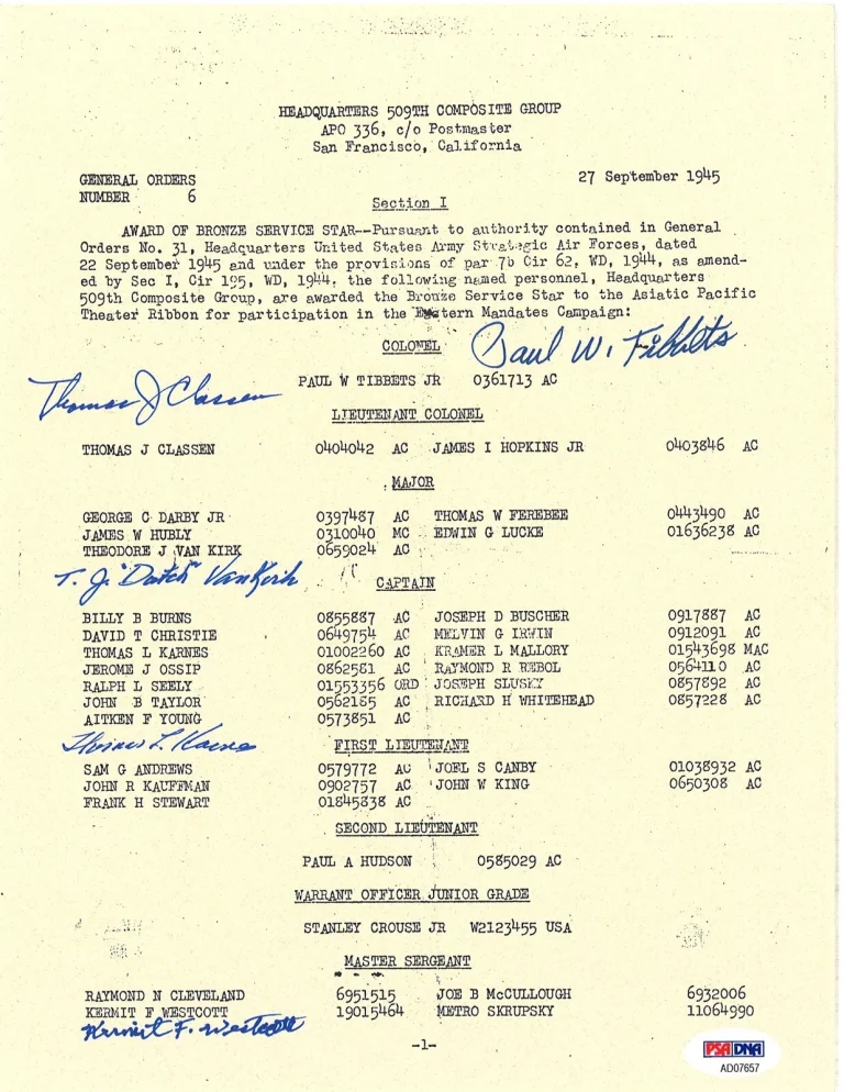 509th COMP GROUP MULTI SIGNED BRONZE STAR DOCUMENT PSA DNA AD07657 (D) X5