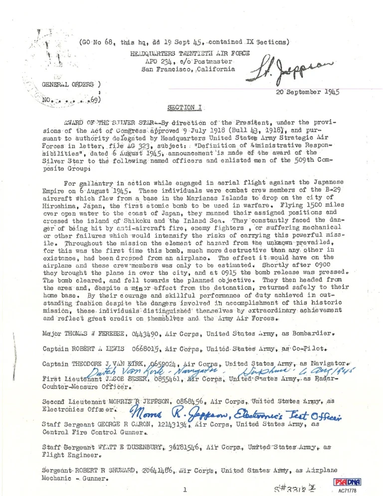 DUTCH VAN KIRK & MORRIS JEPPSON SIGNED SILVER STAR DOCUMENT PSA DNA AC71778 (D)