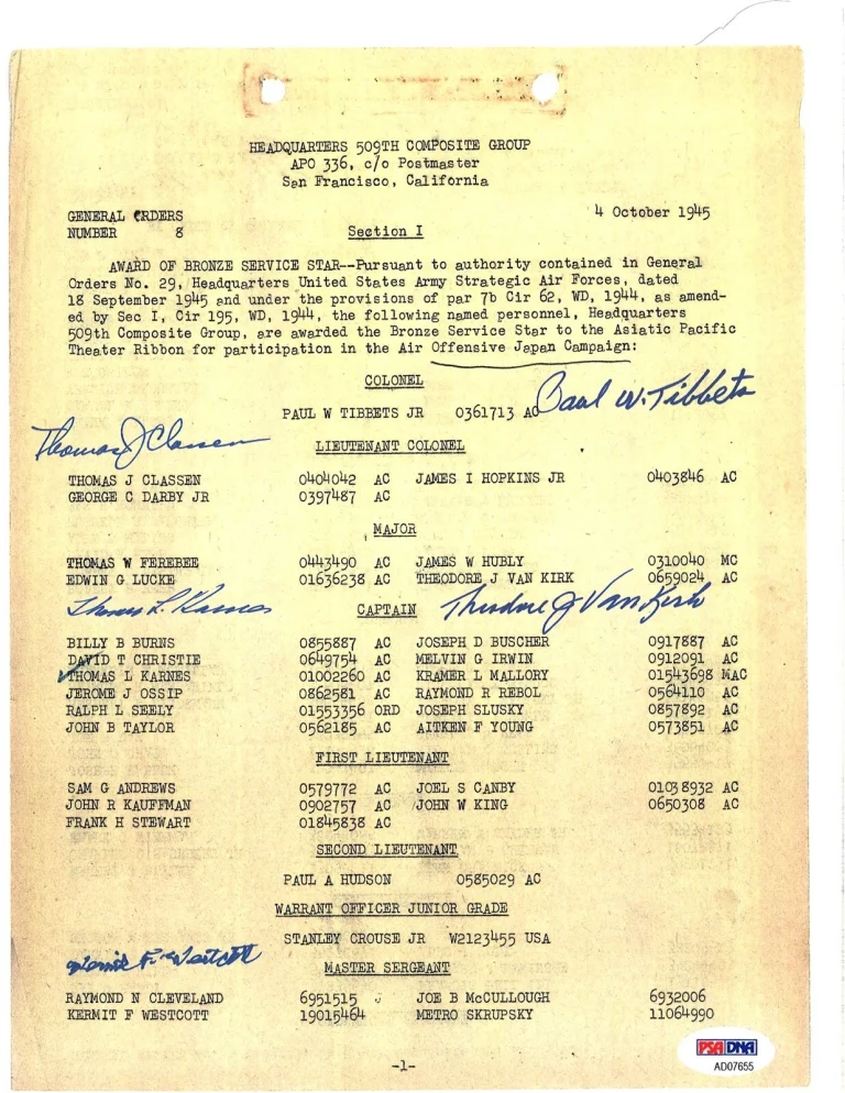 509th COMP GROUP MULTI SIGNED BRONZE STAR DOCUMENT PSA DNA AD07655 (D) X5