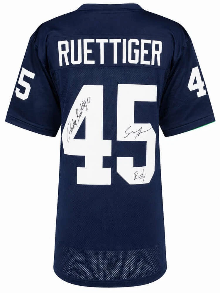 Sean Astin & Rudy Ruettiger Signed Navy Custom Football Jersey w/Rudy - (SS COA)