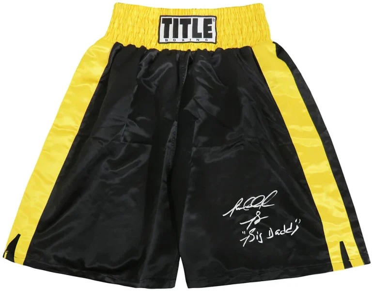 Riddick Bowe Signed Title Balck & Gold Trim Boxing Trunks w/Big Daddy - (SS COA)