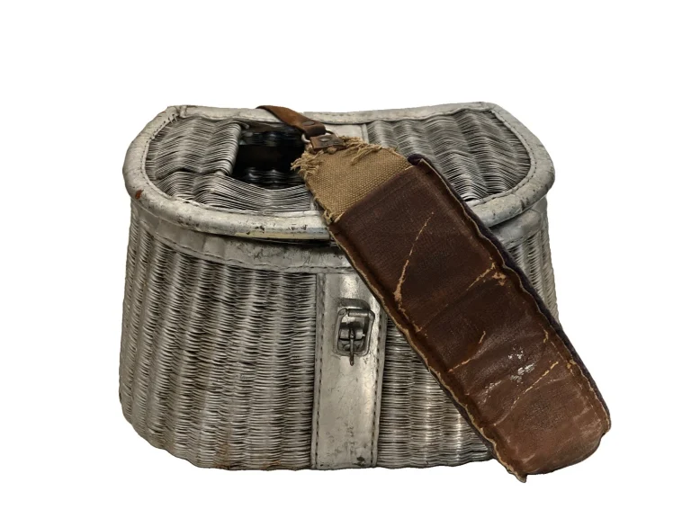Vintage Fishing Creel Basket Wicker Leather Cabin Decor