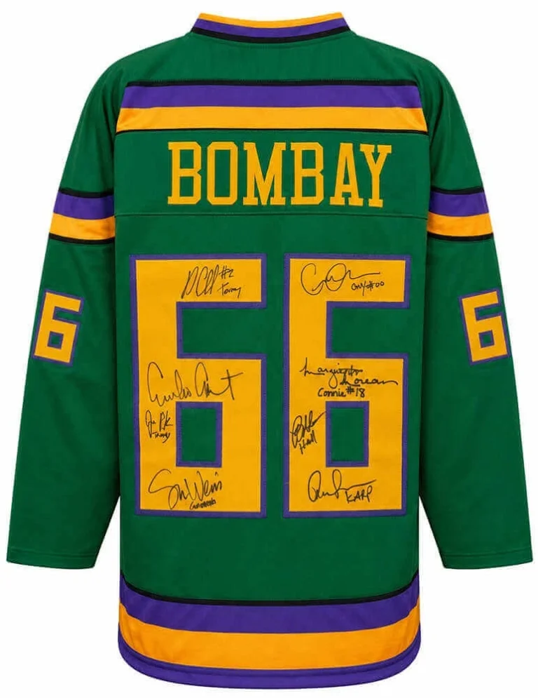 The Mighty Ducks Cast Signed Bombay #66 Green Custom Jersey 8 Sigs w/INS -SS COA