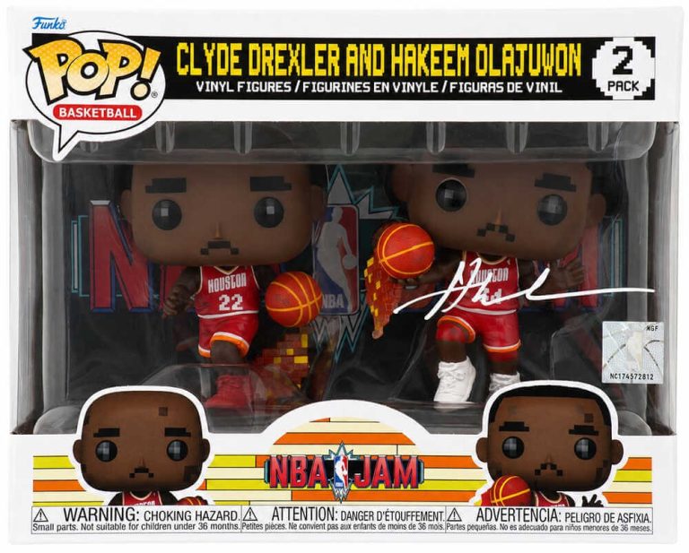Hakeem Olajuwon Signed Rockets NBA Jams w/ Clyde Drexler Funko Pop Doll (SS COA)