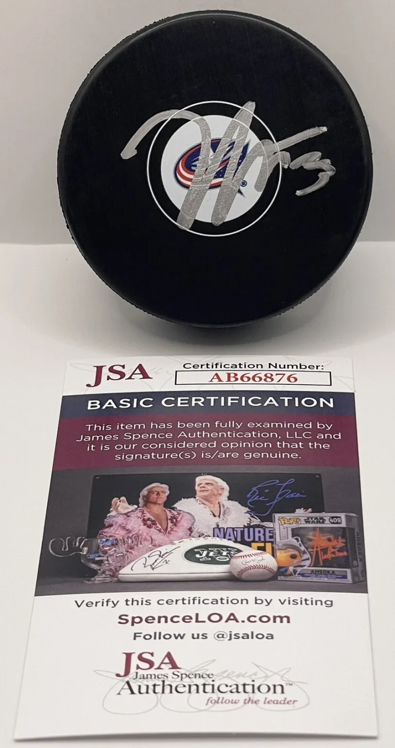 Kent Johnson Signed Autographed Columbus Bluejackets Hockey Puck JSA #1 Pick