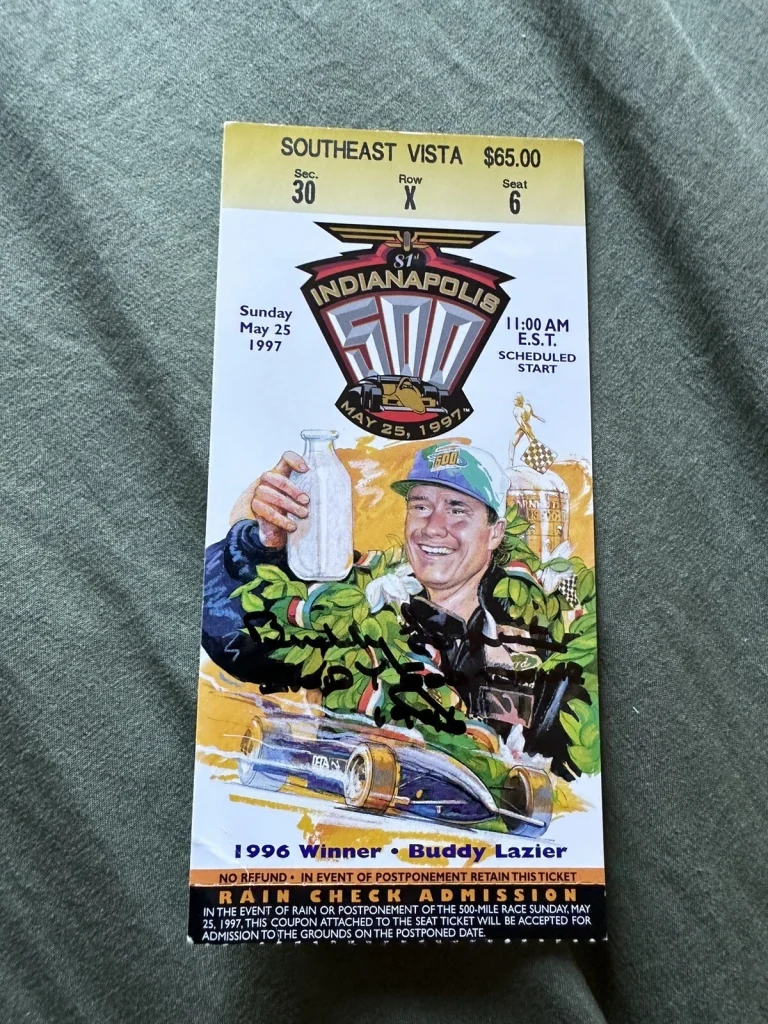 Buddy Lazier 1996 Winner Signed Indianapolis Indy 500 Ticket 1997 Race Auto