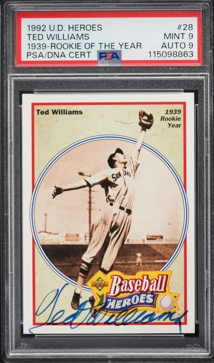 Ted Williams Signed Auto 1992 UD Heroes 28 Rookie of Year PSA 9 Auto 9 POP 1