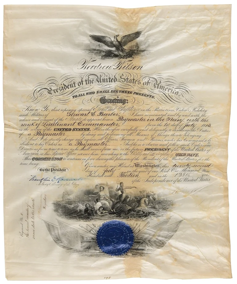 Woodrow Wilson FDR Dual Signed Auto Rare 15x19 Naval Appointment GRAD