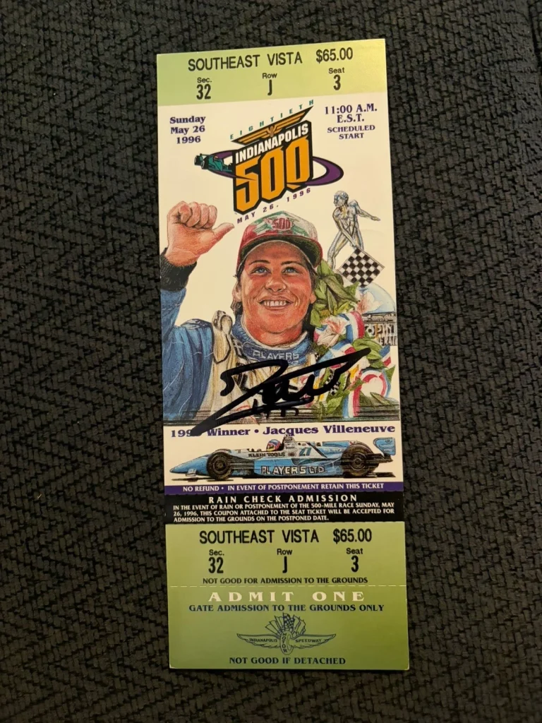 Jacques Villeneuve 1995 Winner Signed Indianapolis Indy 500 Ticket 1996 Race