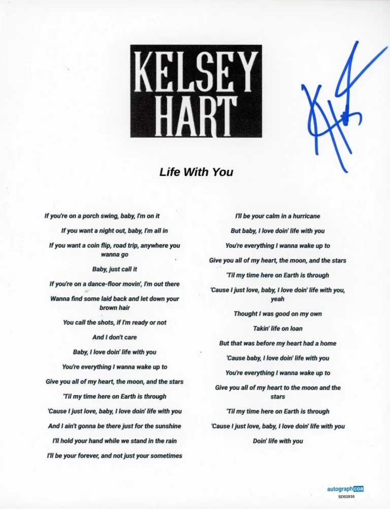 KELSEY HART SIGNED AUTOGRAPH LYRIC SHEET ACOA LIFE WITH YOU COUNTRY STAR