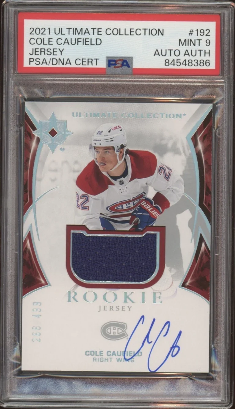 2021 Ultimate Collection #192 Cole Caufield Rookie Jersey Auto /499 Psa MINT 9
