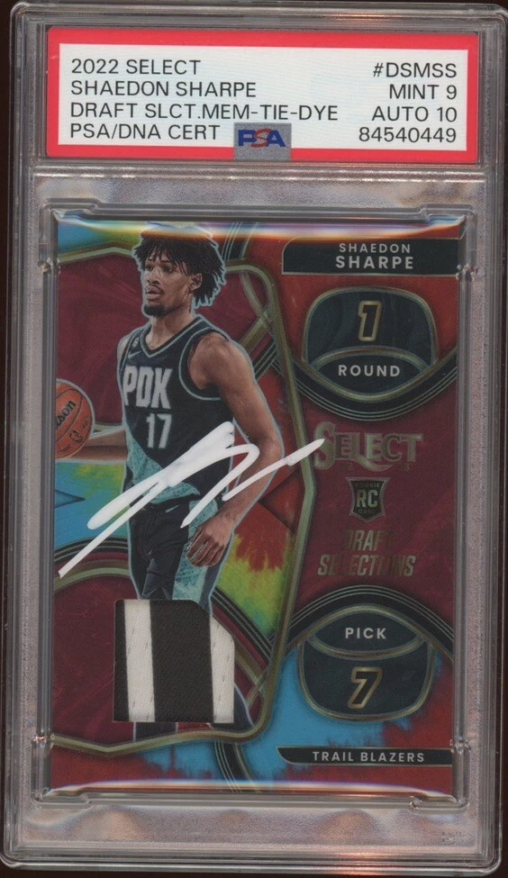 2022 Panini Select DSMSS Shaedon Sharpe Draft Mem Tie-Dye Auto /25 Psa MINT 9/10