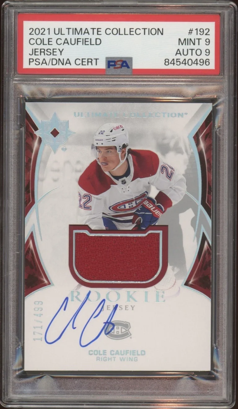 2021 Ultimate Collection #192 Cole Caufield Rookie Jersey Auto /499 Psa MINT 9/9