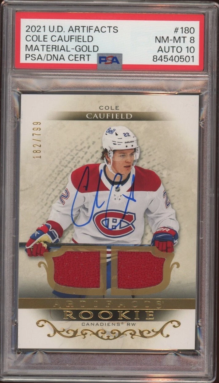 2021 UD Artifacts #180 Cole Caufield Rookie Material Gold RPA /799 Psa 8/GEM 10