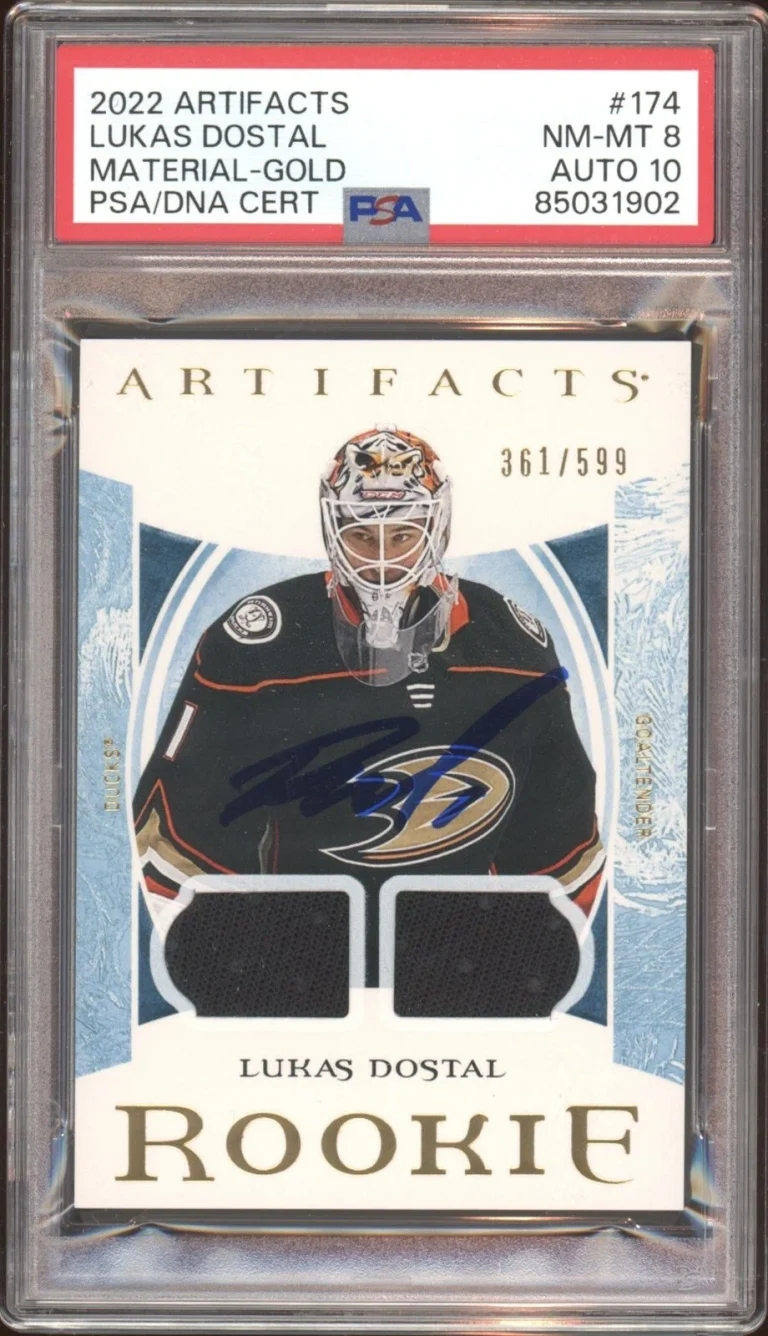 2022 UD Artifacts #174 Lukas Dostal Rookie Gold Material Auto /599 Psa 8/GEM 10