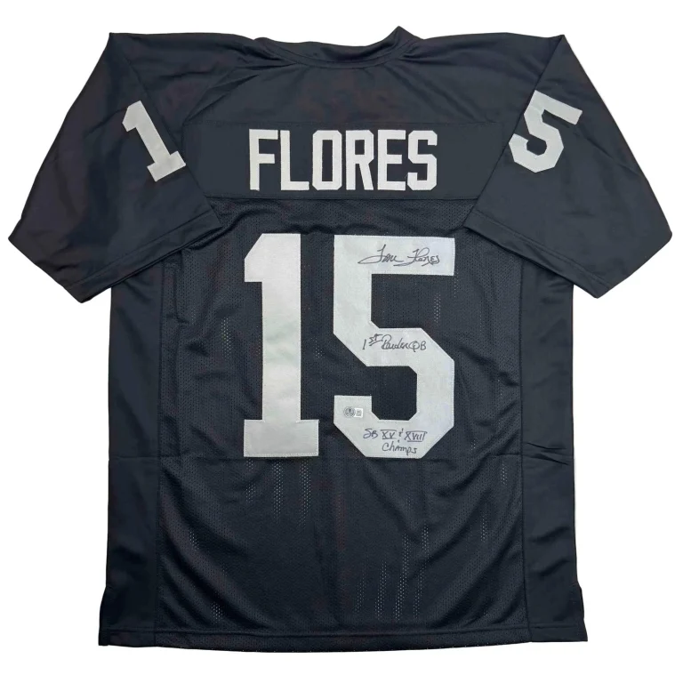 Autographed/Signed Tom Flores Las Vegas Oakland Black Jersey Beckett BAS COA