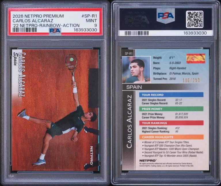 2026 NetPro Premium #SP-R1 Carlos Alcaraz 2022 Rainbow Action /250 PSA MINT 9 RC