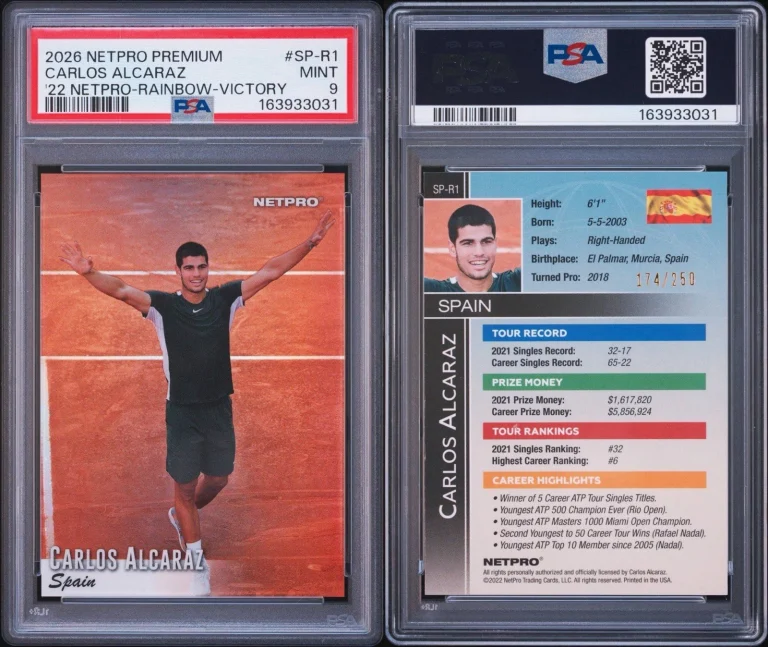 2026 NetPro Premium #SP-R1 Carlos Alcaraz 2022 Rainbow Victory /250 PSA MINT 9