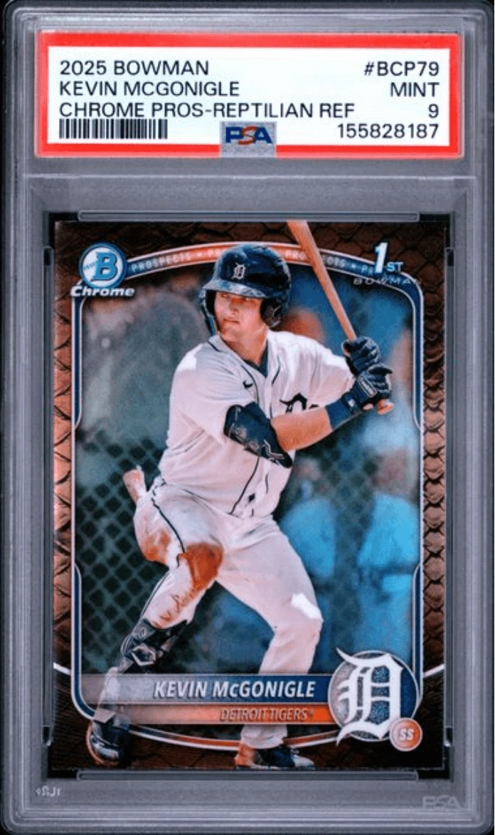 Graded 2025 Bowman Kevin McGonigle #BCP79 Reptilian RC Baseball Card PSA 9
