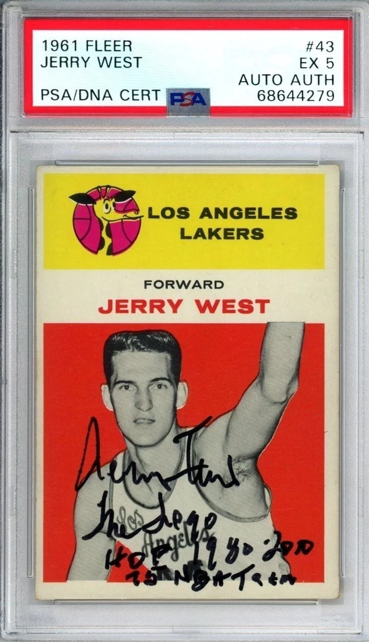 Jerry West Signed Stat Inscribed 1961 Fleer #43 Rookie Card RC Auto PSA 5 EX